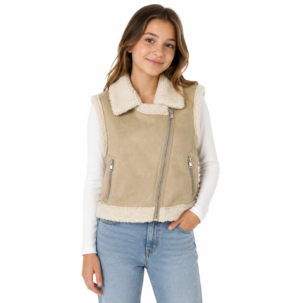 Madden Girl Faux Shearling Moto Vest Kids‎ XL Oatmeal Suede Asymmetrical Zip NEW